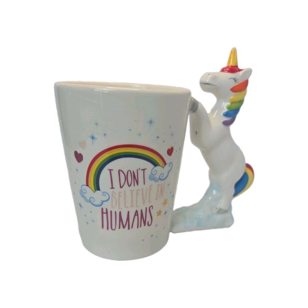 Unicorn Coffee Mug Ceramic 3D Hand Painted "I Don't Believe In Humans" Rainbow